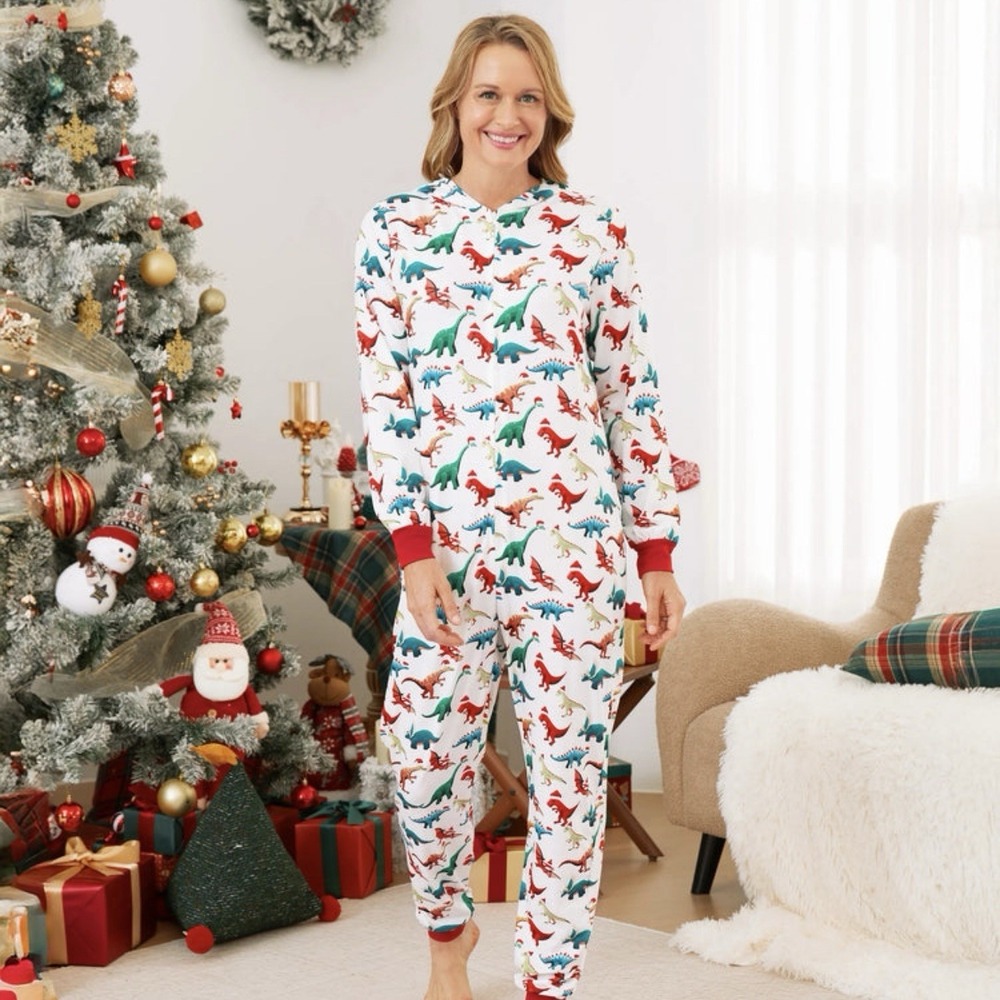 PatPat One-Piece Christmas Pajamas Hooded Dino Size M‎ Festive Holiday Jumpsuit